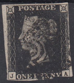 Англия 1840 год. ПЕРВАЯ в истории почтовая марка. Черный пенни, 1 гашеная марка 
