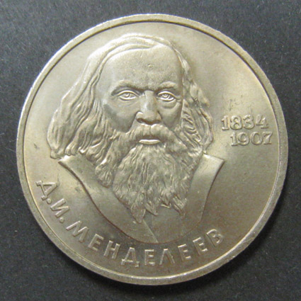 Юбилейная монета. Д.И. Менделеев 1834-1907. 1 рубль.