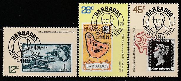 Барбадос 1979 год. 100 лет со дня смерти Роуленда Хилла, преобразователя почтового дела в Великобритании, 3 марки 