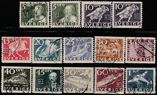 Швеция 1936 год. 300 лет Шведской почте, 14 гашёных марок 