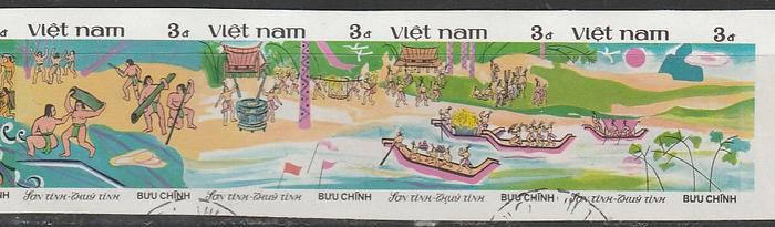Вьетнам 1987 год. Сказка. Борьба между водой и горным духом; 8 беззубцовых гашёных марок в сцепке 