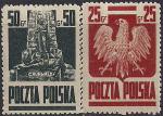 Польша 1944 год. Национальные символы - герб и памятник Грюнвальдскому сражению в Кракове. 2 марки с наклейкой