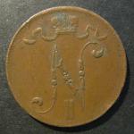 Монета 5 пенни 1916 года. Финляндия. Вензель Николая II