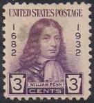 США 1932 год. 260 лет прибытия Уильяма Пенна, основателя Калифорнии в Америку. 1 марка с наклейкой