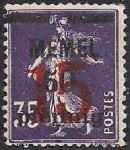 Германия Рейх (Мемель) 1922 год. НДП нового номинала (15 пфеннигов) на марке с номиналом 35 сантимов. 1 марка с наклейкой из серии