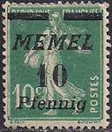 Германия Рейх (Мемель) 1922 год. НДП нового номинала (10 пфеннигов) на марке с номиналом 10 сантимов. 1 марка с наклейкой из серии