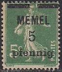 Германия Рейх (Мемель) 1922 год. НДП нового номинала (5 пфеннигов) на марке с номиналом 5 сантимов. 1 марка с наклейкой из серии