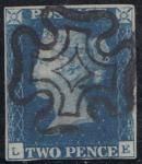 Великобритания 1841 год. Синий пенни, 2 пенса, 1 гашеная марка