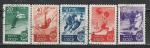 СССР 1949 год, Спорт, Охота, 5 гашёных марок.  хоккей. кольца, штанга. лыжи.
