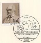 ФРГ 1992 год. 100 лет со дня смерти инженера Вернера фон Сименса. Марка на листе с гашением первого дня