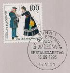 ФРГ 1993 год. День почтовой марки. Почтальон в форме. Марка на листе с гашением первого дня
