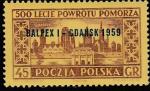 Польша 1959 год. Филвыставка "BALPEX" в Данцинге, 1 марка с надпечаткой 