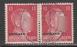 Германия (Рейх) 1941 год. Рейхсканцлер А. Гитлер, стандарт (ном. 12 пф.), пара марок (гашёная), надпечатка ostland