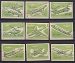 Набор спичечных этикеток. Авиация, 1959 год, зеленые, 9 штук