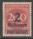 Германия (Веймарская республика) 1923 год. Стандарт. Цифровой рисунок в круге. Надпечатка нового номинала, 2Mio/200M, 1 марка из серии (наклейка)