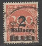 Германия (Веймарская республика) 1923 год. Стандарт. Цифровой рисунок в круге. Надпечатка нового номинала, 2Mio/200M, 1 марка из серии (гашёная)