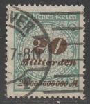 Германия (Веймарская республика) 1923 год. Стандарт. Цифровой рисунок в круге с розетками, 20 Mrd M, 1 марка из серии (гашёная)