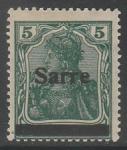 Германия (Саар) 1920 год. Стандарт. Аллегорический образ Германии, надпечатка на марке Веймарской республики, 5 Pf., 1 марка из серии (наклейка)