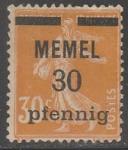 Германия (Мемель) 1920 год. Стандарт. НДП чёрного цвета типографии Парижа, 30 Pf/30 С, 1 марка из серии