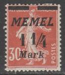 Германия (Мемель) 1922 год. Стандарт. НДП чёрного цвета типографии Парижа, 1.1/4 М/30 С, 1 марка из серии (наклейка)