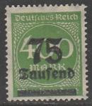 Германия (Веймарская республика) 1923 год. Стандарт. Надпечатка нового номинала, 75Tsd/400М, 1 марка из серии (наклейка)