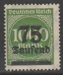 Германия (Веймарская республика) 1923 год. Стандарт. Надпечатка нового номинала, 75Tsd/1000М, 1 марка из серии (наклейка)