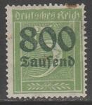 Германия (Веймарская республика) 1923 год. Стандарт. Цифровой рисунок в квадрате. Надпечатка нового номинала, 800Tsd/5Pf., 1 марка из серии (наклейка)