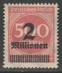 Германия (Веймарская республика) 1923 год. Стандарт. Цифровой рисунок в круге. Надпечатка нового номинала, 2Mio/500M, 1 марка из серии (наклейка)
