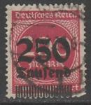 Германия (Веймарская республика) 1923 год. Стандарт. Надпечатка нового номинала, 250 Tsd/200 М, 1 марка из серии (гашёная)