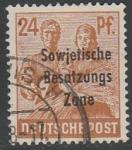 Германия (Советская зона оккупации) 1948 год. Стандарт. Каменщик и крестьянка, надпечатка, 24 Pf.,1 марка из серии (гашёная)