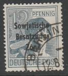 Германия (Советская зона оккупации) 1948 год. Стандарт. Рабочий, надпечатка, 12 Pf.,1 марка из серии (гашёная)