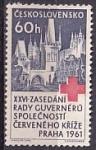 ЧССР 1961 год. Красный Крест. Вид на Прагу, 1 марка с наклейкой