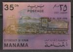 Эмират Аджман (Манама) 1972 год. 100 лет японским ж/д. Поезда: D-51, Япония / Empire Builder, США, 1 стерео марка из серии.