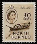 Северное Борнео (Британская колония) 1954 год. Королева Елизавета II и лодка - дом, 1 марка из серии.