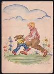 Немаркированная ПК. Мальчик и кролик, 1944 год, подписана