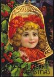 Открытка Счастливого Рождества (колокольчик, девочка в красном), реклама типографии
