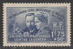 Франция 1938 год. 40 лет открытию радия. Пьер и Мария Жолио-Кюри, 1 марка (наклейка)