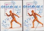 Почтовый блок. 1980 год. Лыжный спорт. Разновидность - два блока, на правом блоке у ноги красная черта 